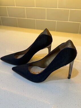 Sam Edelman Size 6 Navy Blue 'Dea' Python Embossed Heel Calf Hair Pumps